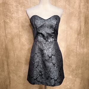 French Connection Floral Jacquard Metallic Strapless Dress Fitted Gray Party